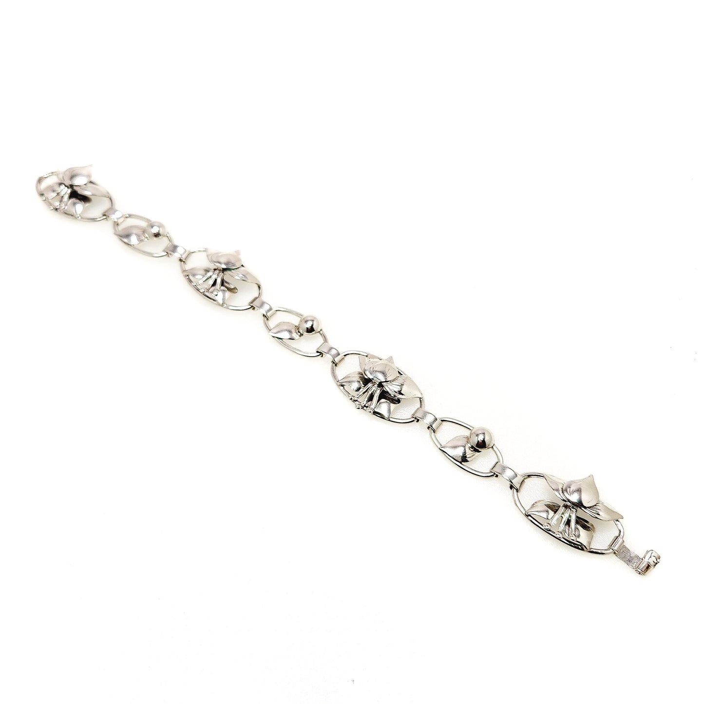 Vintage 1940s Retro Art Deco Sterling Silver Lily Flower Link 7" Bracelet - Vintage Retro Silver Floral Bracelet