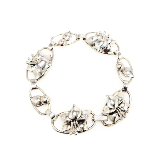 Vintage 1940s Retro Art Deco Sterling Silver Lily Flower Link 7" Bracelet - Vintage Retro Silver Floral Bracelet