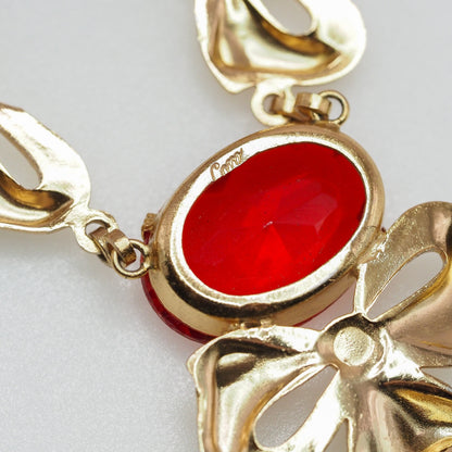 Vintage 1940s CORO Retro Red Rhinestone and Gold Plate Bow Choker 16" Necklace