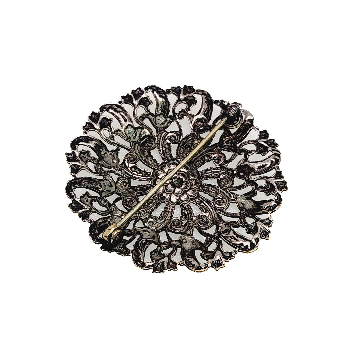 Vintage 1960s Large Ornate Medieval Revival Flower Silver Plated Statement Brooch - 60s Large Silver Flower Brooch