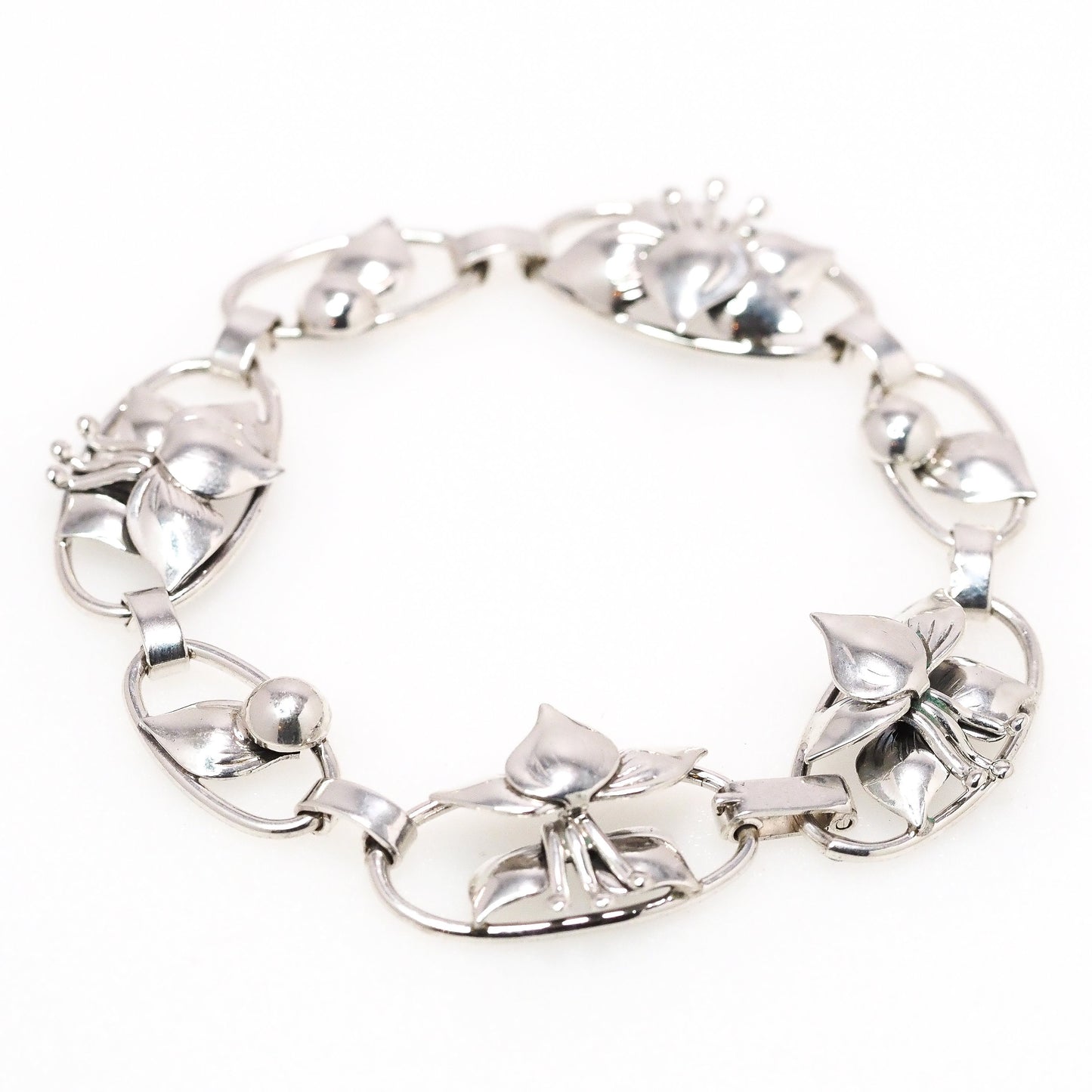 Vintage 1940s Retro Art Deco Sterling Silver Lily Flower Link 7" Bracelet - Vintage Retro Silver Floral Bracelet