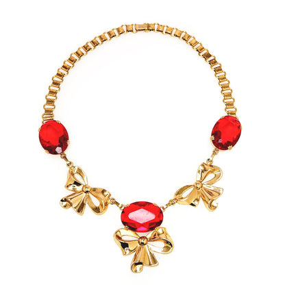 Vintage 1940s CORO Retro Red Rhinestone and Gold Plate Bow Choker 16" Necklace