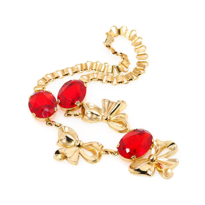 Vintage 1940s CORO Retro Red Rhinestone and Gold Plate Bow Choker 16" Necklace