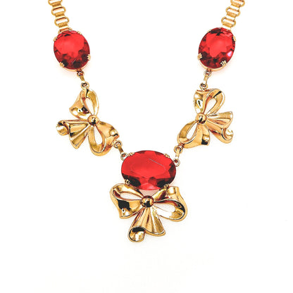 Vintage 1940s CORO Retro Red Rhinestone and Gold Plate Bow Choker 16" Necklace