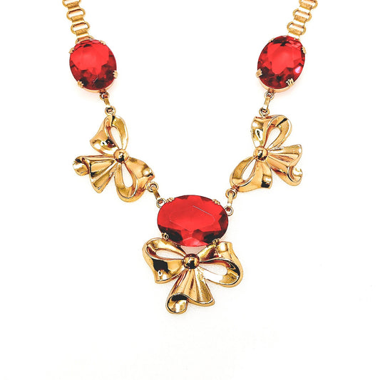 Vintage 1940s CORO Retro Red Rhinestone and Gold Plate Bow Choker 16" Necklace - Red Bow Vintage Costume Necklace - Signed Coro Jewelry