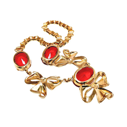 Vintage 1940s CORO Retro Red Rhinestone and Gold Plate Bow Choker 16" Necklace