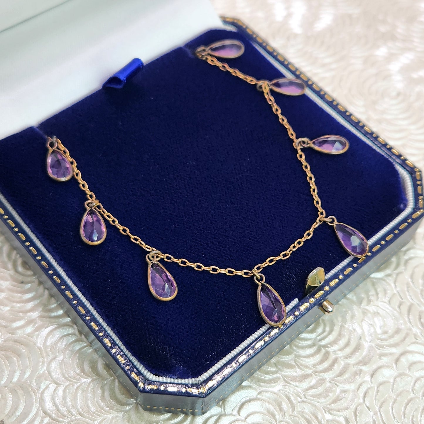 Vintage 1930s Art Deco Purple Teardrop Glass and Brass Choker 17" Necklace - 30s Purple Deco Necklace