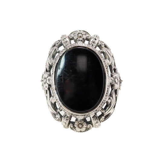 Vintage 1940s UNCAS Imitation Onyx and Sterling Silver Oval Statement Flower Ring Size 7.75 - 40s Signed Black Sterling Floral Ring