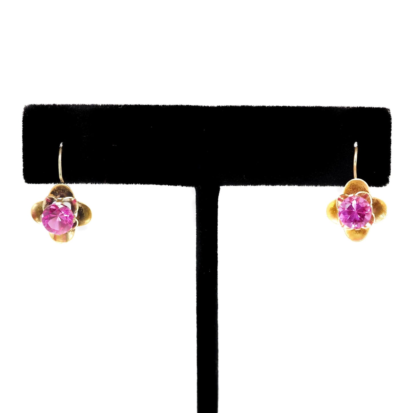 Antique 1910s Edwardian 1.92ct Lab Pink Sapphire and 10K Yellow Gold Kidney Wire Pierced Drop Earrings - Pink Lab Gem Buttercup Earrings