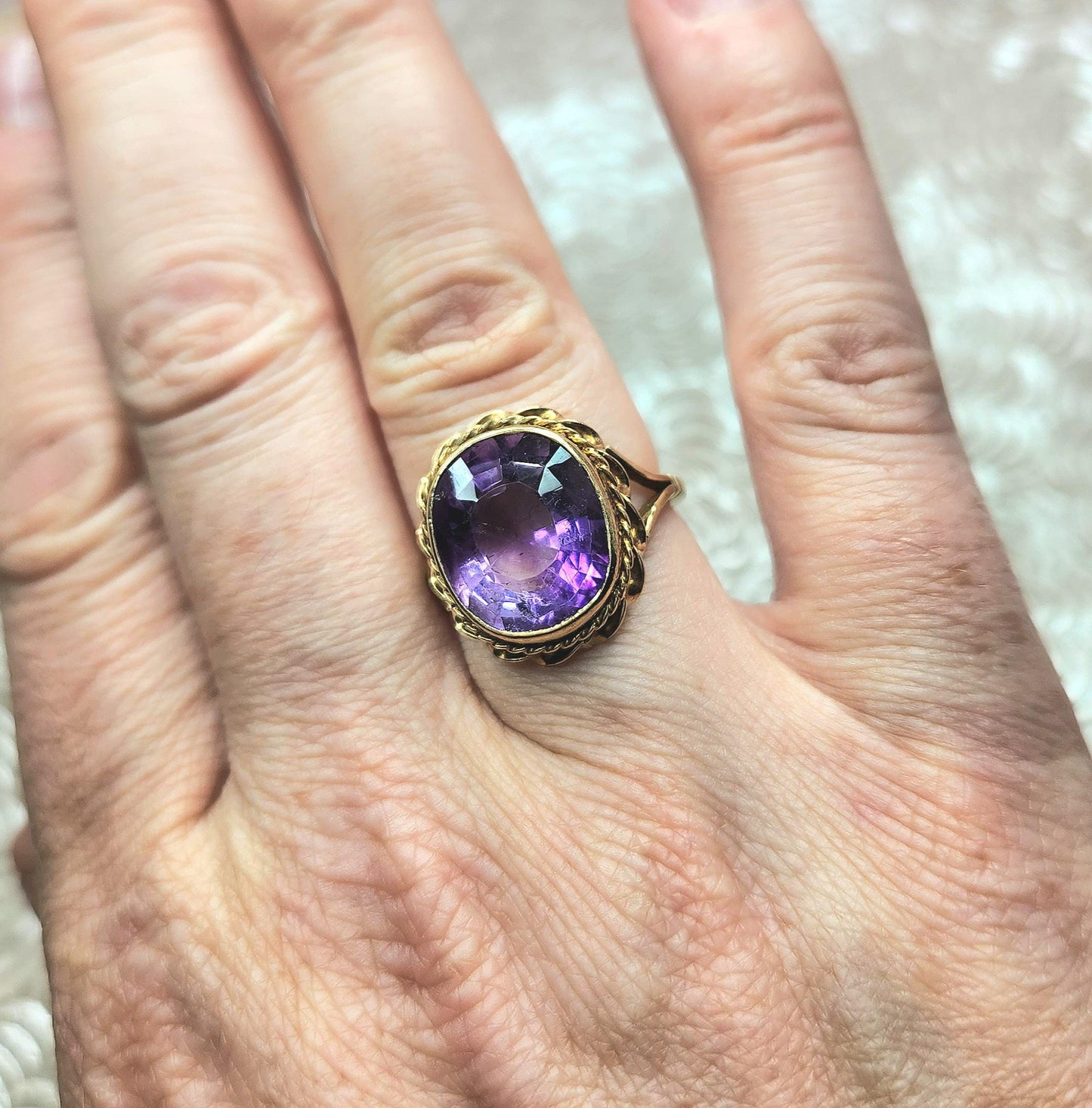 Antique Late Victorian Oval Cut 6.66ct Amethyst 14K Ring - 1880s Etruscan Revival Amethyst and Yellow Gold Solitaire Ring Size 7.5