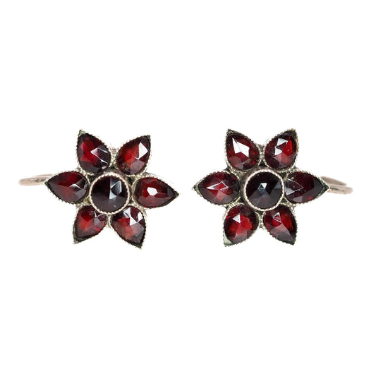 Antique 1910s Bohemian Garnet and Silver Flower Screw Back Non-Pierced Earrings - Antique Red Garnet Floral Earrings - Red Gemstone Earrings