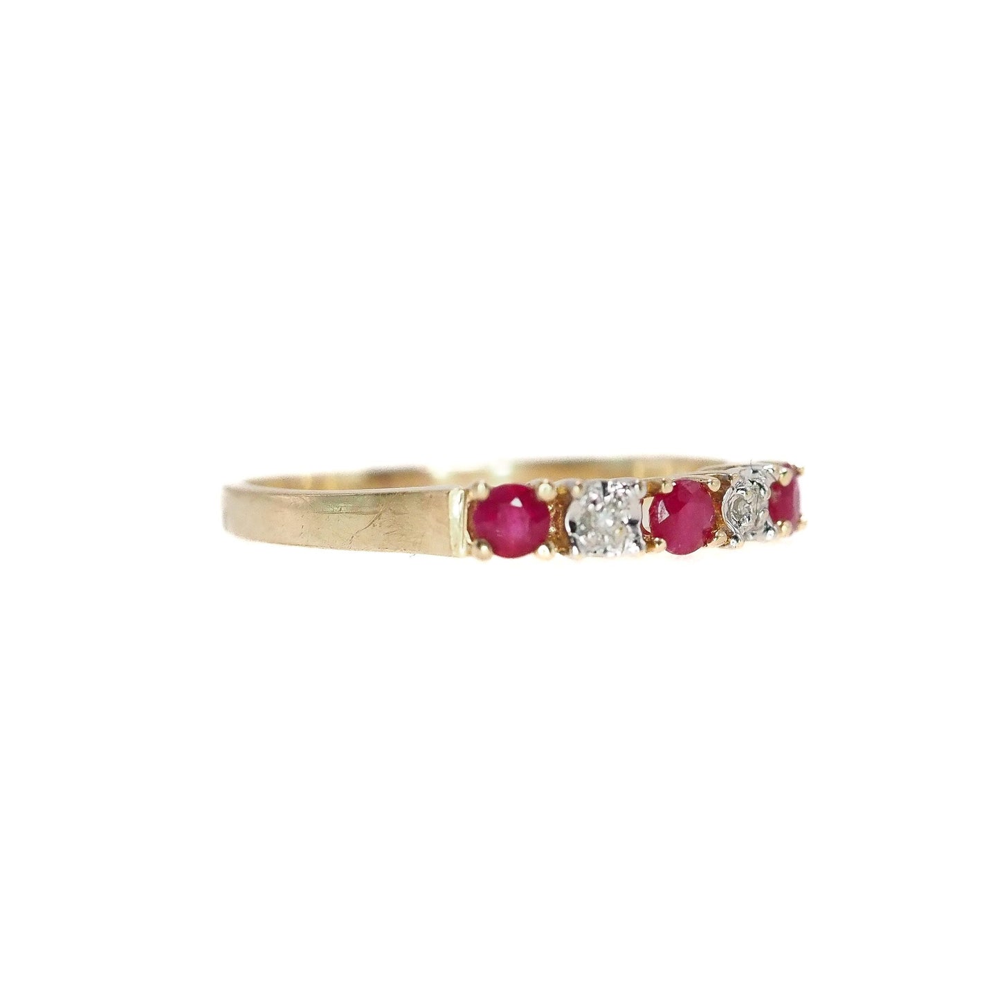 Vintage 1990s Ruby, Yellow Gold, Diamond Ring - Natural Red Ruby, Diamond, and 10K Ring Size 7.25 - Ruby Five Stone Wedding Ring