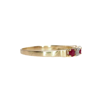 Vintage 1990s 10k Yellow Gold Natural Red Ruby, and Diamond Wedding Band Ring Size 7.25