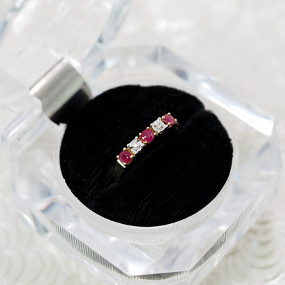 Vintage 1990s 10k Yellow Gold Natural Red Ruby, and Diamond Wedding Band Ring Size 7.25