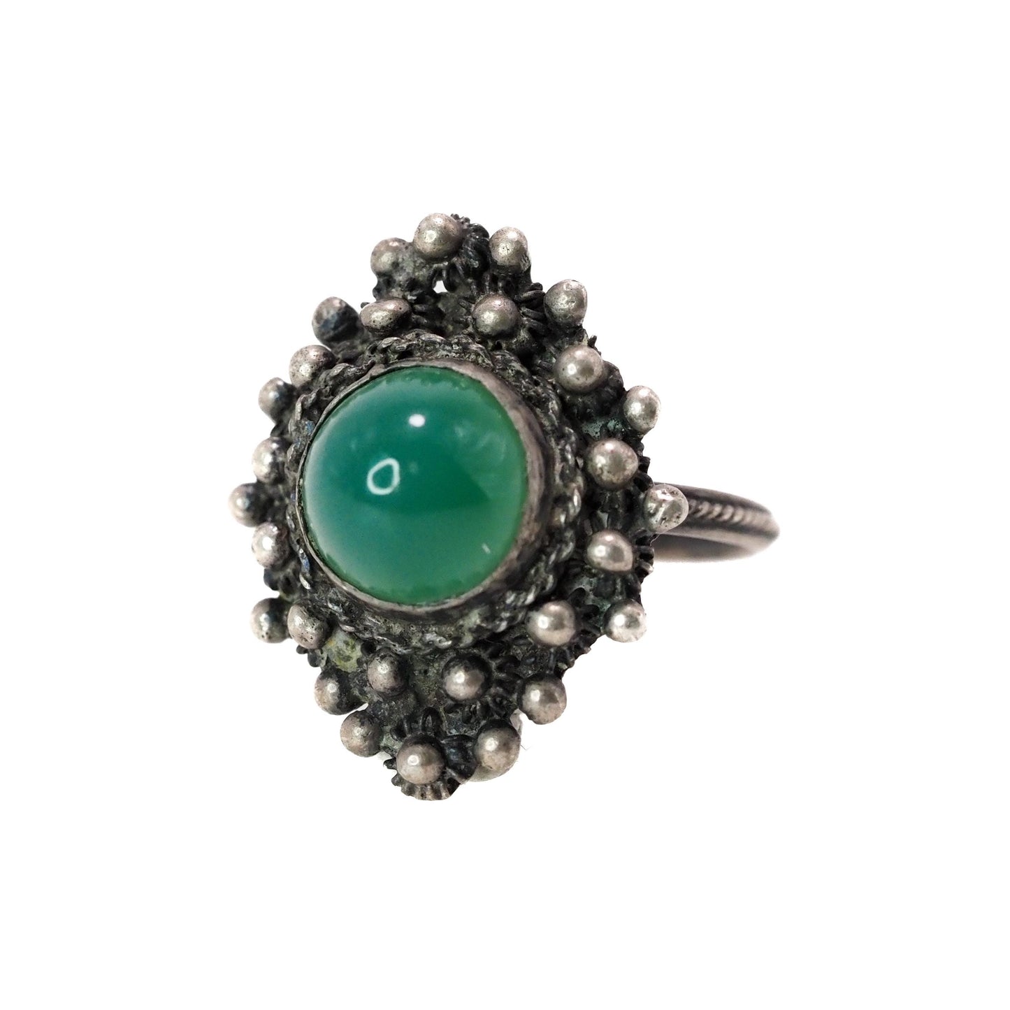 Vintage 1940s Green Chrysoprase and 800 Silver Cabochon Solitaire Marquise Ring Size 7.25 - 40s Green Silver Retro Deco Ring