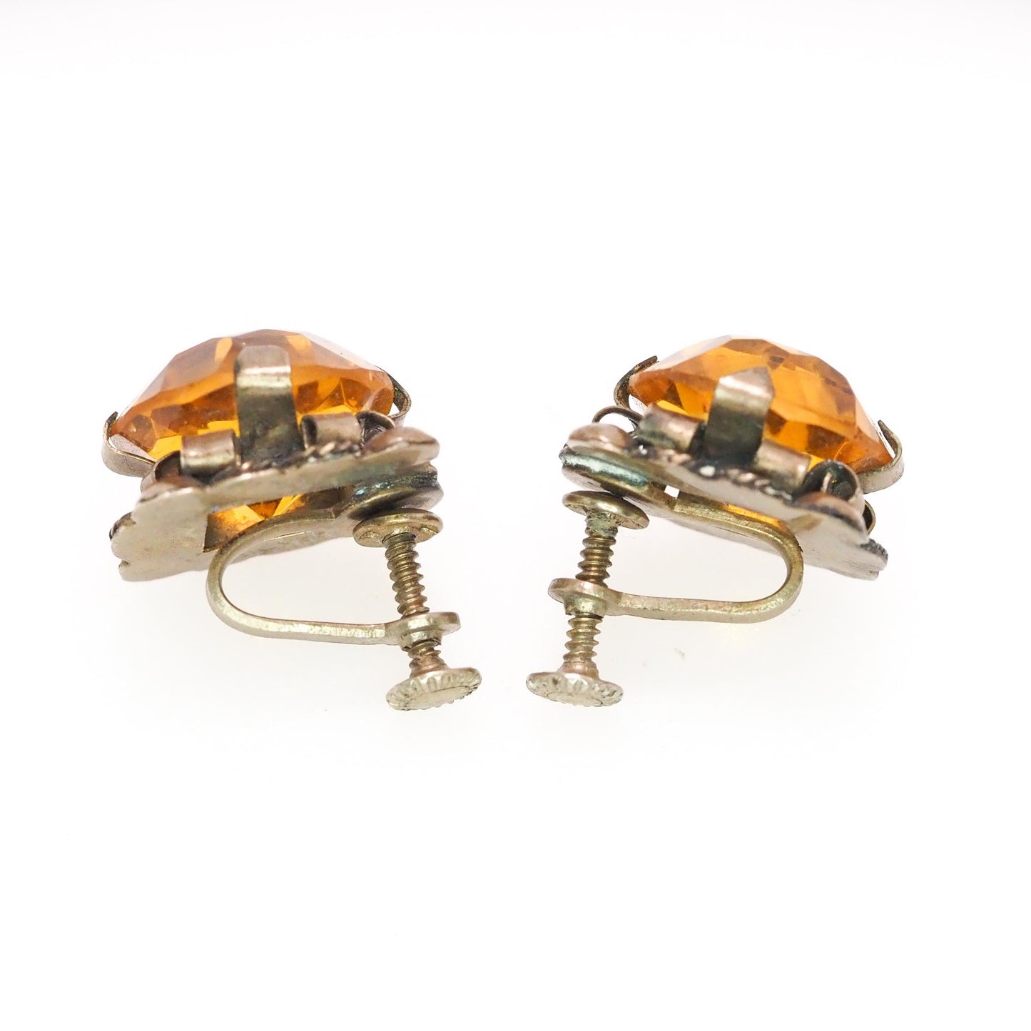 Vintage 1940s Orange Glass Mexico Gold Fill Screw Back Earrings - Large Round Cut Orange Non Pierced Silver Statement Earrings