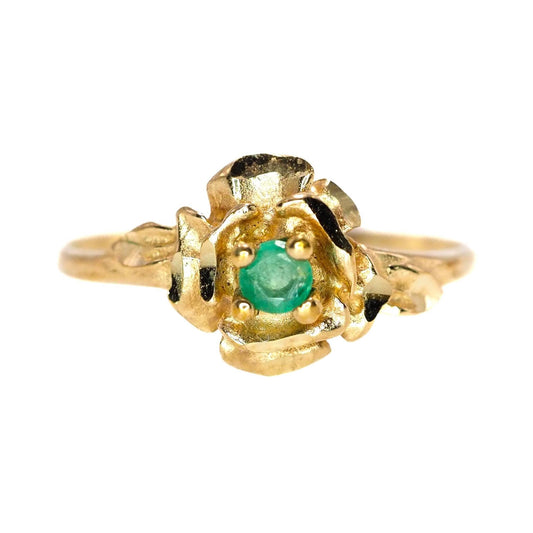 Vintage 1970s Emerald and 10K Yellow Gold Solitaire Flower Ring Size 6 - 70s Green Natural Emerald Floral Gold Ring - May Birthstone Ring