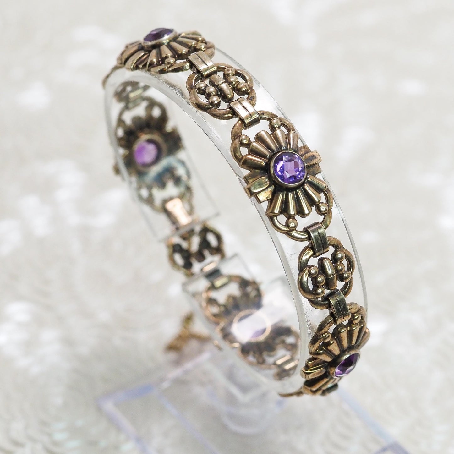 Vintage 1940s Retro Art Deco Purple Glass and Rose Gold Fill Flower Link 7" Bracelet - 40s Purple Flower Rose Gold Bracelet