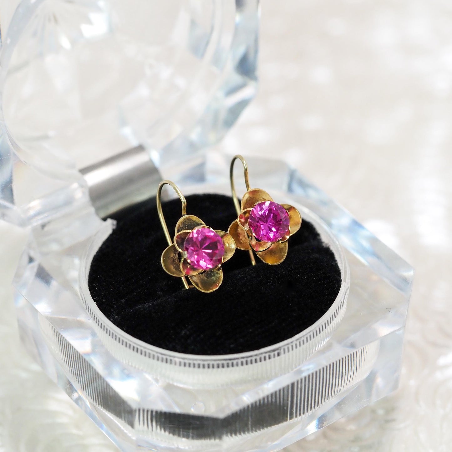 Antique 1910s Edwardian 1.92ct Lab Pink Sapphire and 10K Yellow Gold Kidney Wire Pierced Drop Earrings - Pink Lab Gem Buttercup Earrings