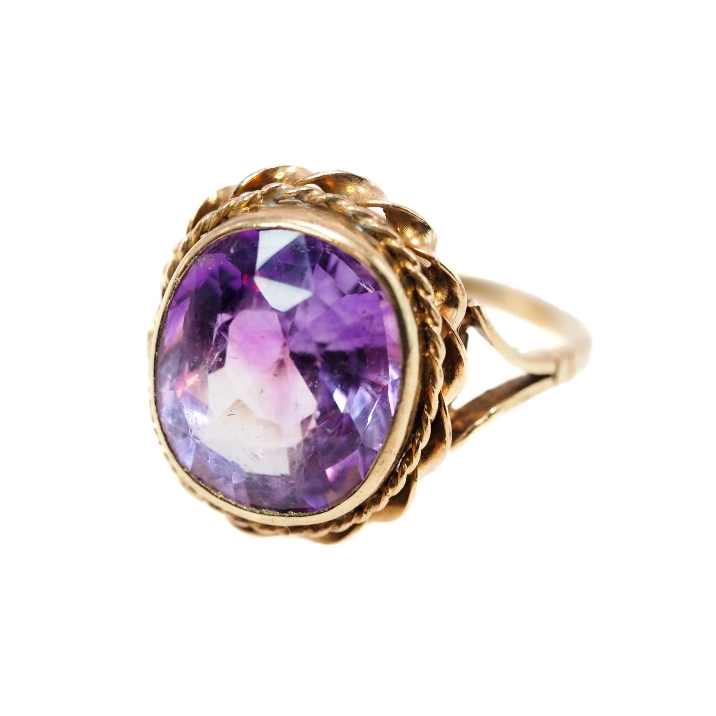 Antique Late Victorian Oval Cut 6.66ct Amethyst 14K Ring - 1880s Etruscan Revival Amethyst and Yellow Gold Solitaire Ring Size 7.5