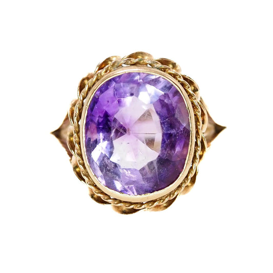 Antique Late Victorian Oval Cut 6.66ct Amethyst 14K Ring - 1880s Etruscan Revival Amethyst and Yellow Gold Solitaire Ring Size 7.5