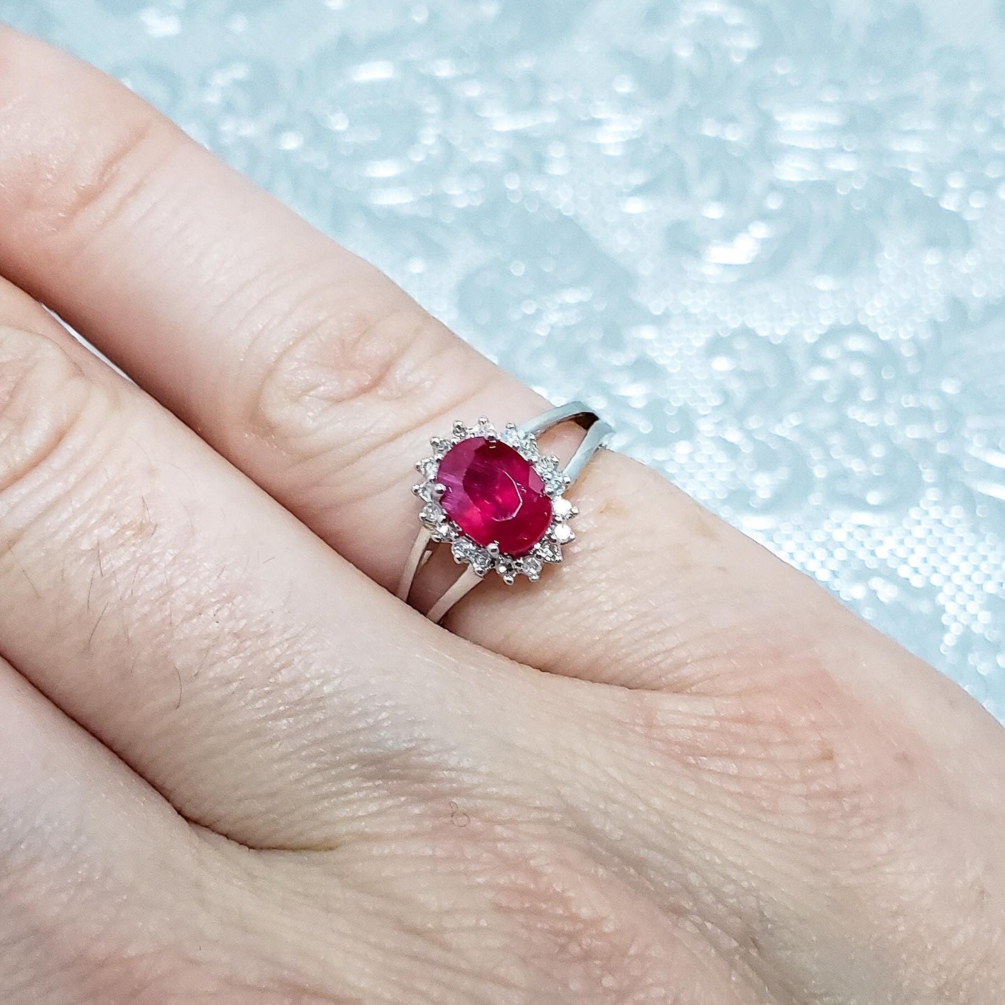 Vintage 1990s Ruby, White Gold Diamond Ring - Oval Cut 0.93-Carat Natural Ruby, Diamond Halo, and 14K Ring Size 4.75 - Ruby Engagement Ring