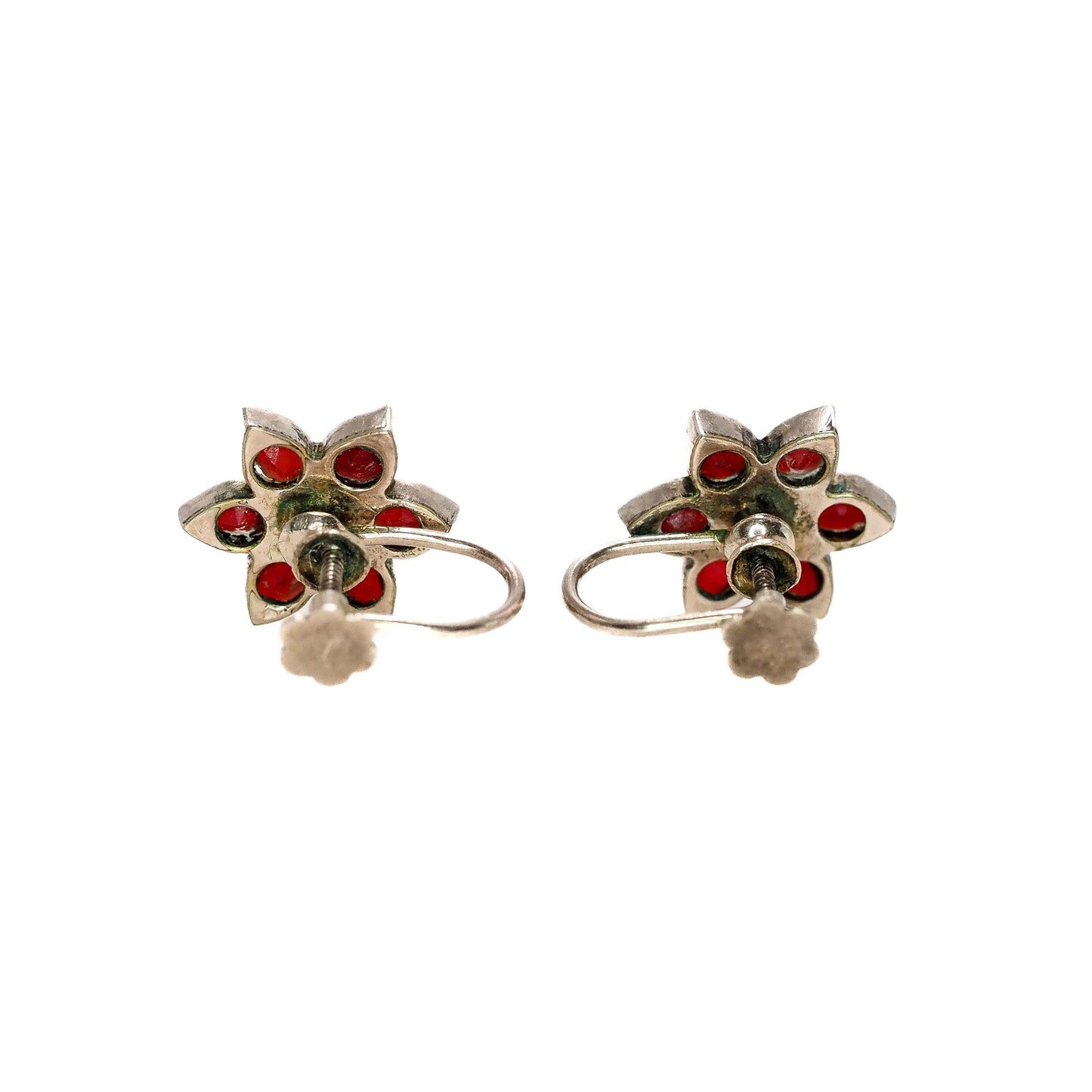 Antique 1910s Bohemian Garnet and Silver Flower Screw Back Non-Pierced Earrings - Antique Red Garnet Floral Earrings - Red Gemstone Earrings