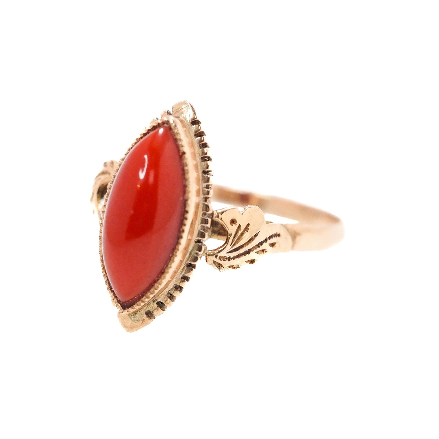 Antique 1860s Mid-Victorian Red Marquise Sardinian Coral and 18K Ring - Victorian Red Coral Navette Yellow Gold Ring Size 6.25