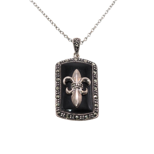 Vintage 1990s Imitation Onyx, Marcasite, and Sterling Silver Halo Fleur-de-Lis 19" Necklace - Vintage Silver Marcasite Black Necklace