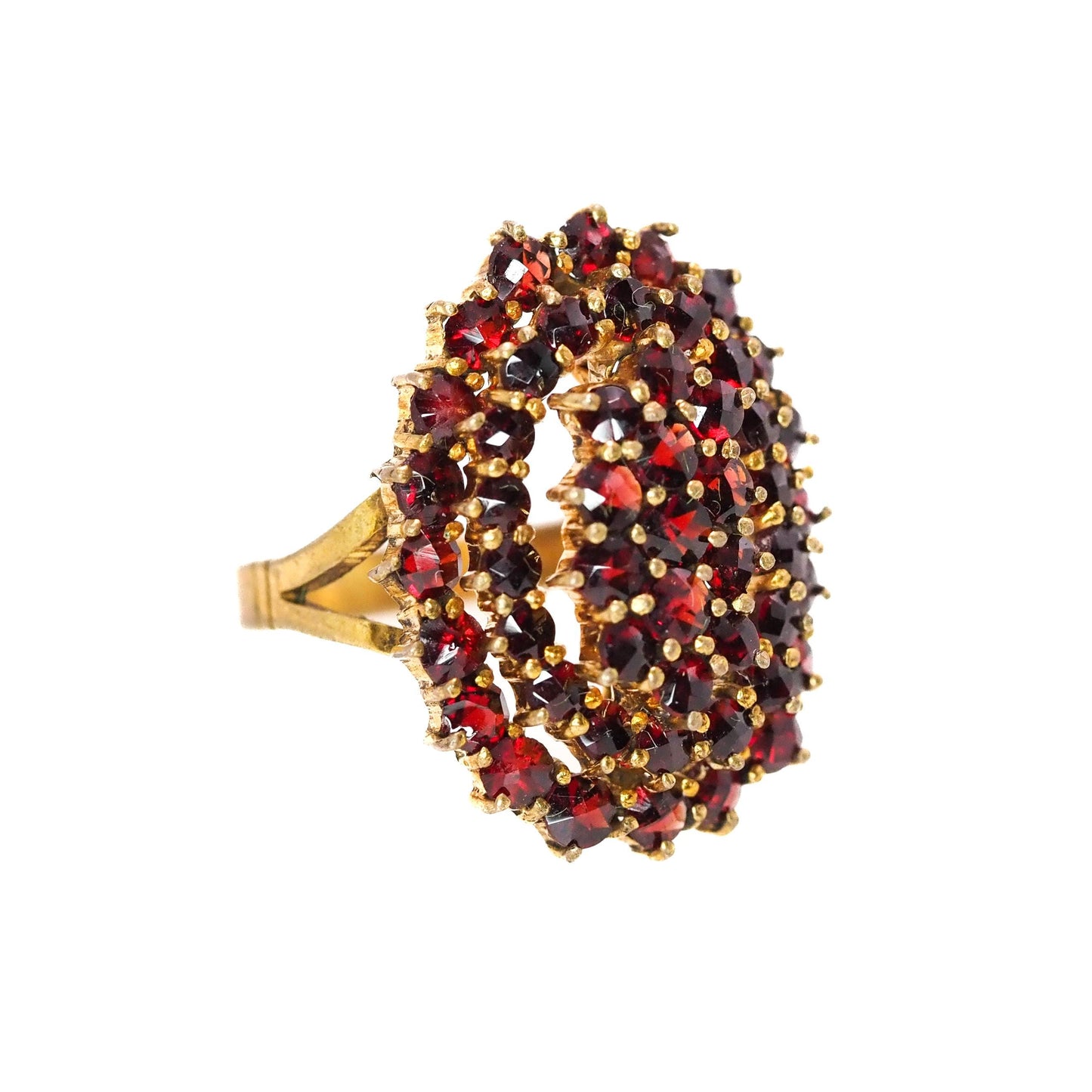 Vintage 1960s Pyrope Garnet and Gold Washed Ring - 60s Red Rose Cut Garnet, 900 Silver Cluster Ring Size 4.5 - Red Gemstone Pinky Ring