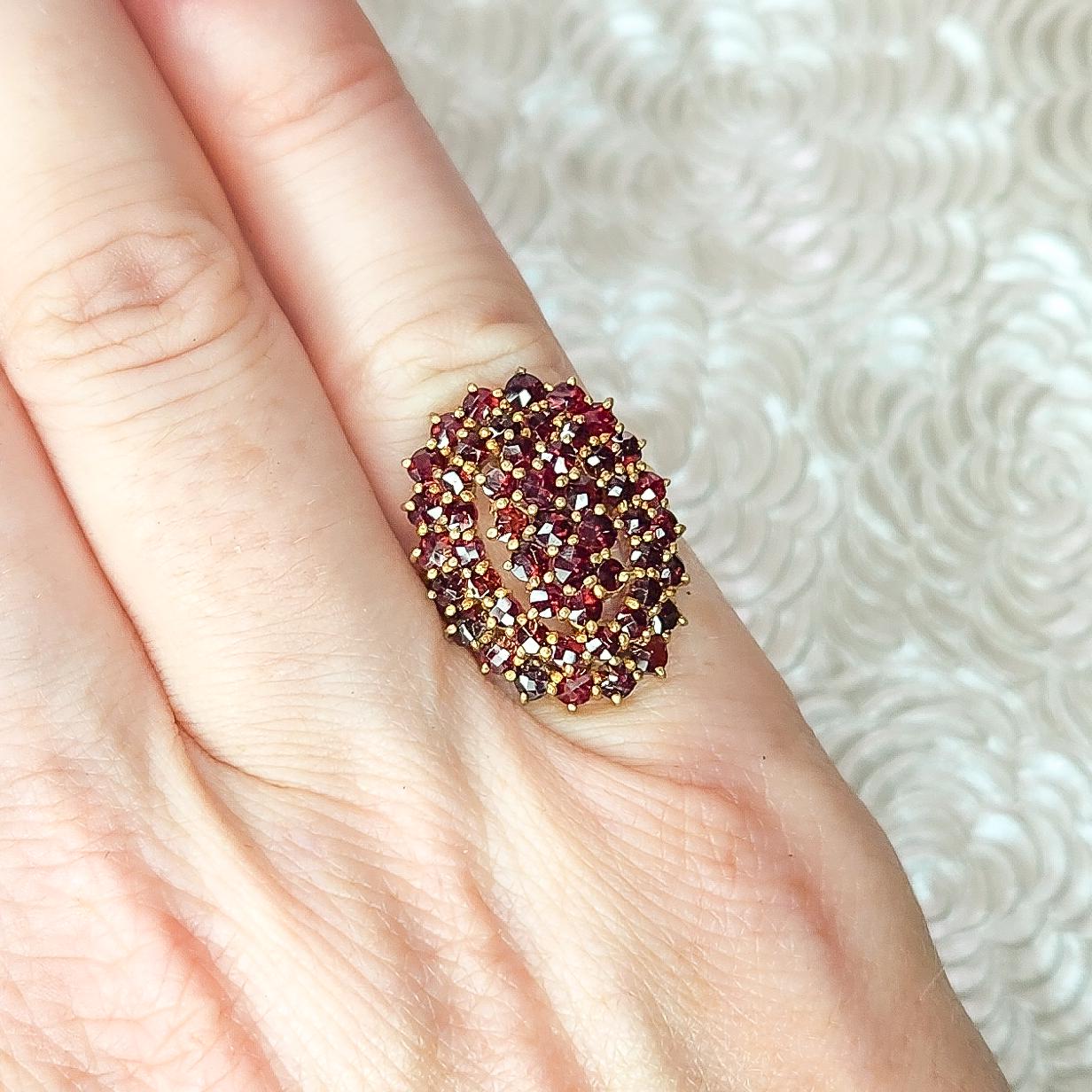 Vintage 1960s Pyrope Garnet and Gold Washed Ring - 60s Red Rose Cut Garnet, 900 Silver Cluster Ring Size 4.5 - Red Gemstone Pinky Ring