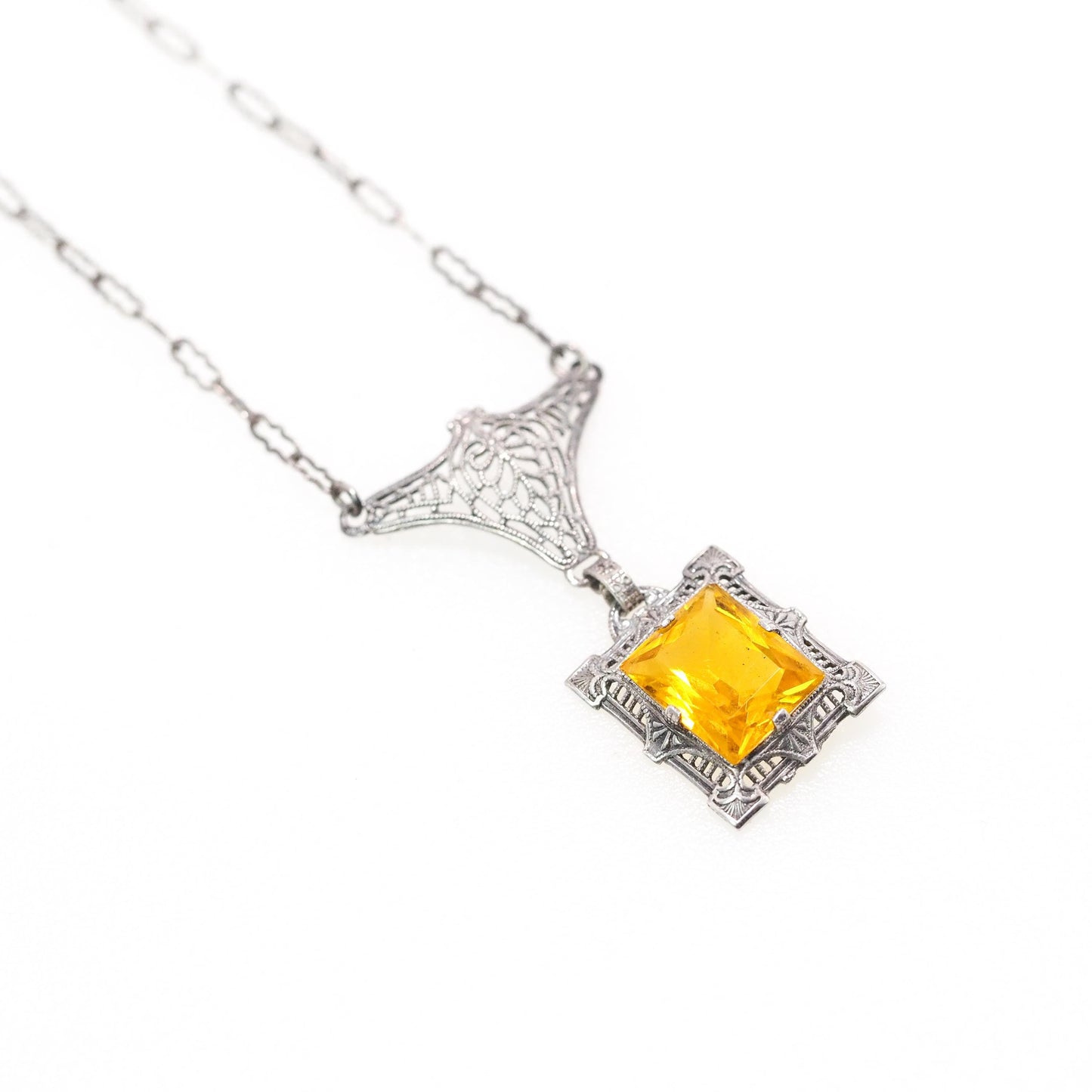 Antique 1920s Art Deco Sterling Silver and Yellow Glass Filigree Choker 15" Necklace - 20s Yellow Deco Choker Necklace