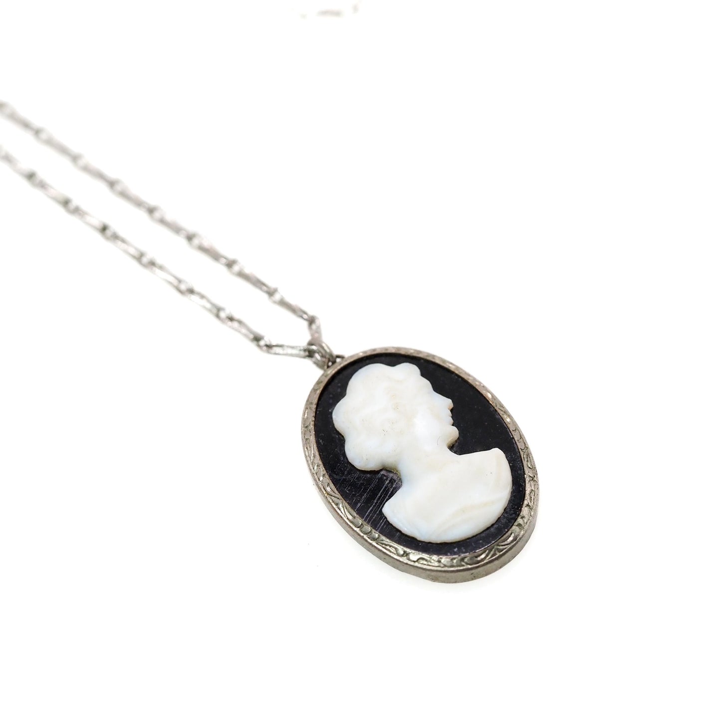 Antique 1920s Art Deco Imitation Onyx Cameo and Sterling Silver Oval 17" Necklace - Black Deco Cameo Necklace