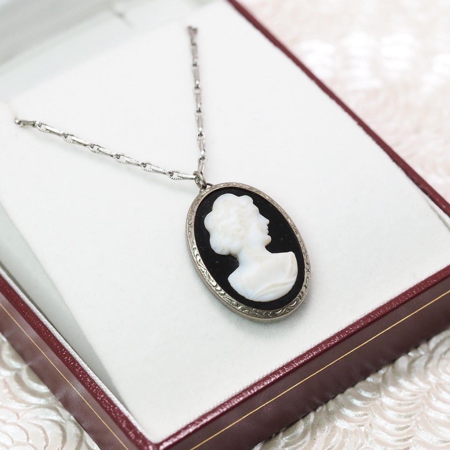 Antique 1920s Art Deco Imitation Onyx Cameo and Sterling Silver Oval 17" Necklace - Black Deco Cameo Necklace