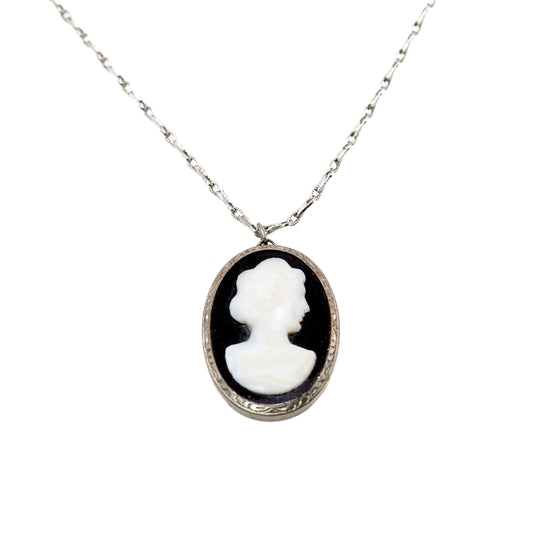 Antique 1920s Art Deco Imitation Onyx Cameo and Sterling Silver Oval 17" Necklace - Black Deco Cameo Necklace