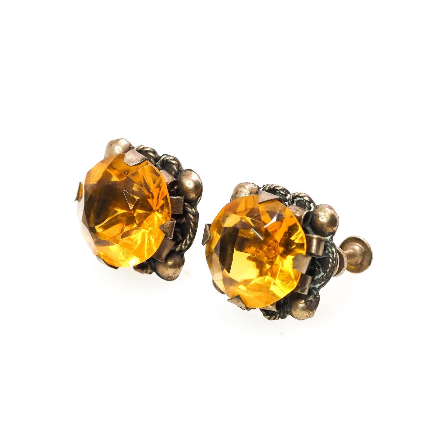 Vintage 1940s Orange Glass Mexico Gold Fill Screw Back Earrings - Large Round Cut Orange Non Pierced Silver Statement Earrings