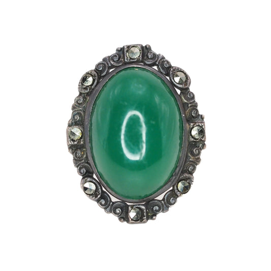 Vintage 1930s Green Glass Cabochon, Marcasite, and Sterling Silver Ring Size 4.75 - 30s Deco Green Silver Ring