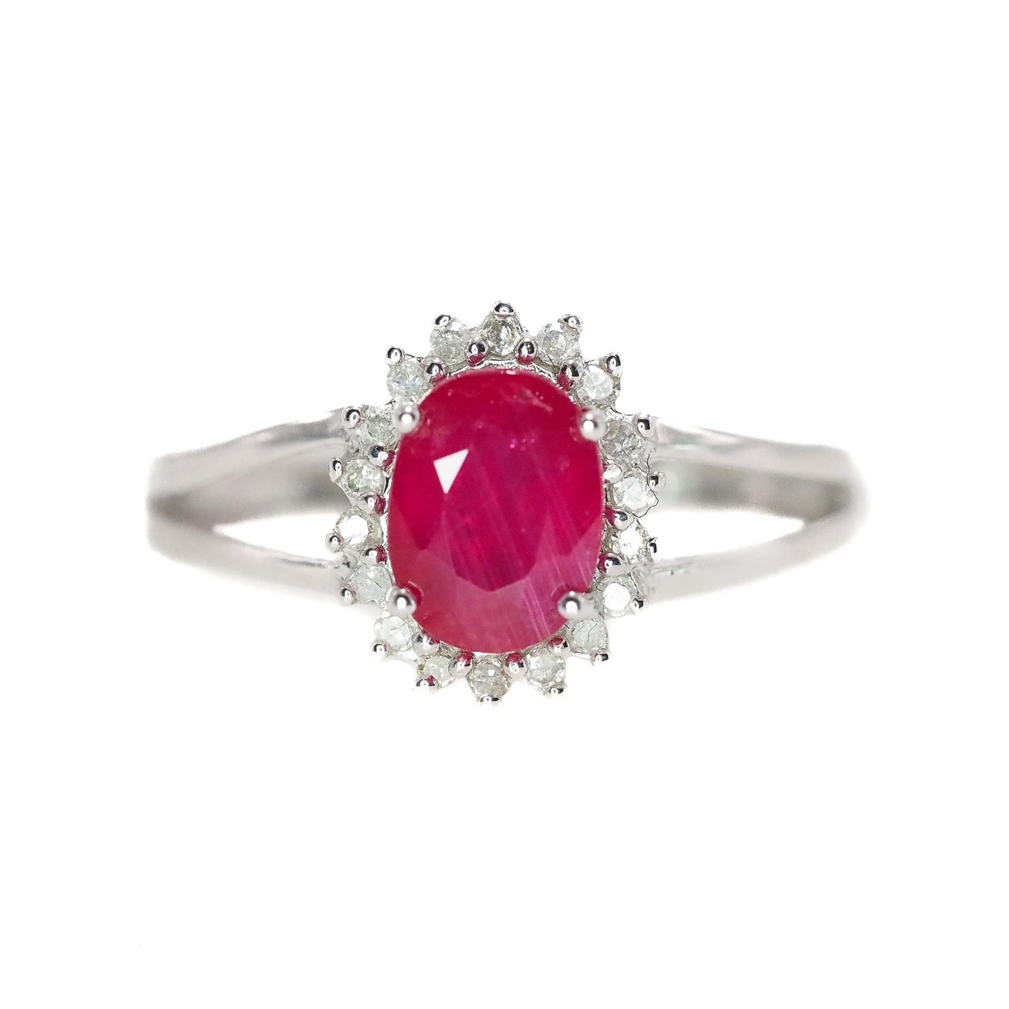 Vintage 1990s Ruby, White Gold Diamond Ring - Oval Cut 0.93-Carat Natural Ruby, Diamond Halo, and 14K Ring Size 4.75 - Ruby Engagement Ring