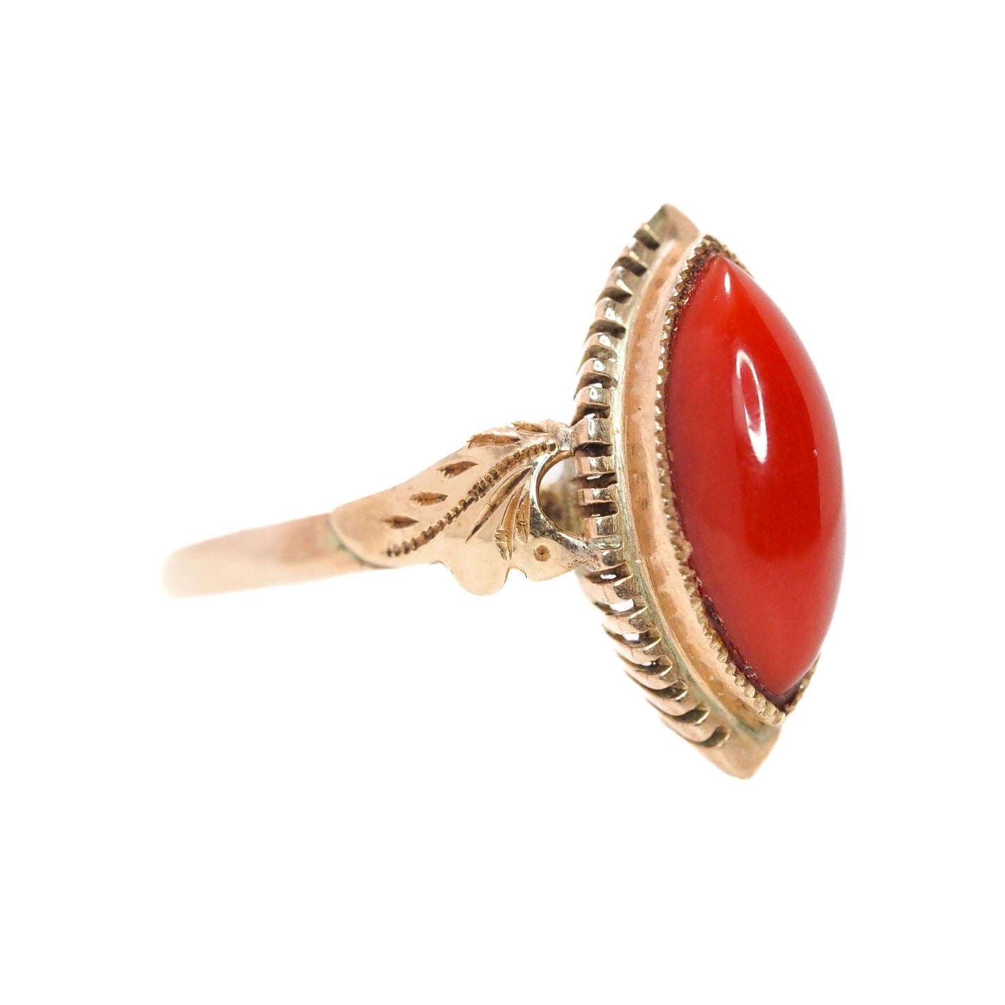 Antique 1860s Mid-Victorian Red Marquise Sardinian Coral and 18K Ring - Victorian Red Coral Navette Yellow Gold Ring Size 6.25