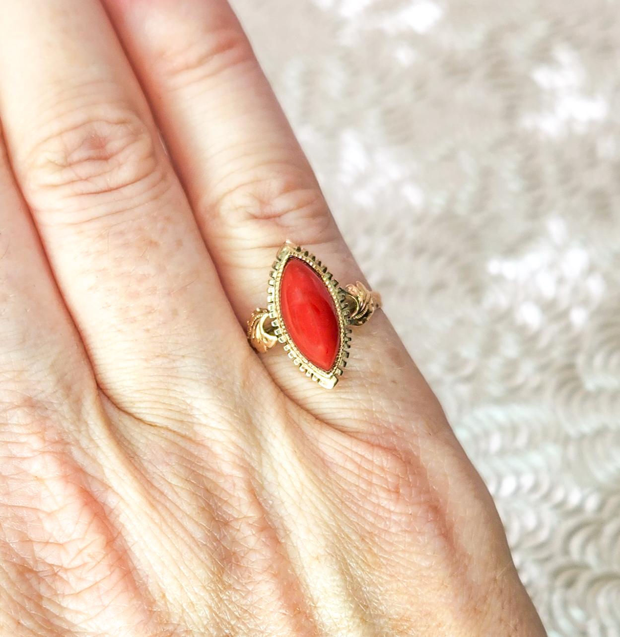 Antique 1860s Mid-Victorian Red Marquise Sardinian Coral and 18K Ring - Victorian Red Coral Navette Yellow Gold Ring Size 6.25