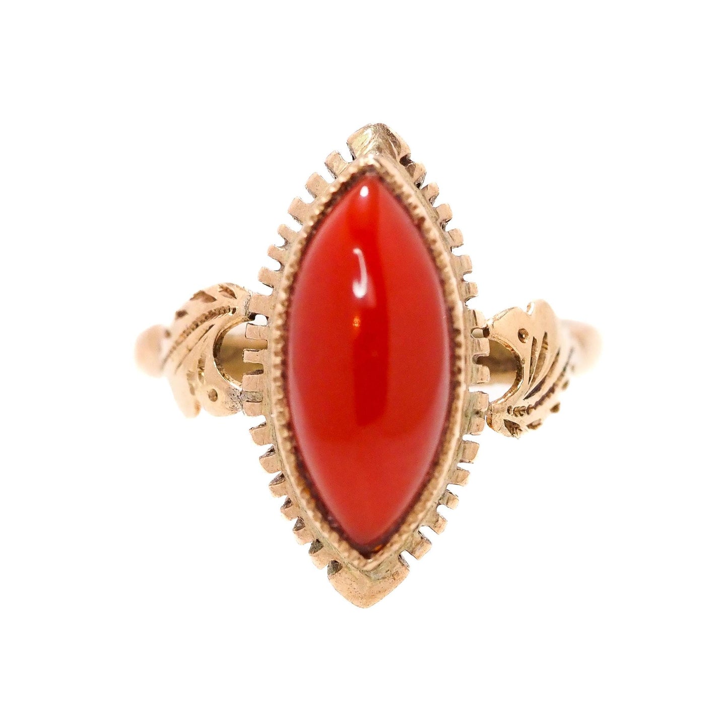 Antique 1860s Mid-Victorian Red Marquise Sardinian Coral and 18K Ring - Victorian Red Coral Navette Yellow Gold Ring Size 6.25