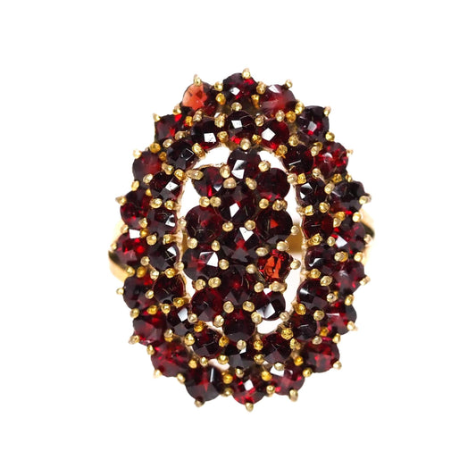 Vintage 1960s Pyrope Garnet and Gold Washed Ring - 60s Red Rose Cut Garnet, 900 Silver Cluster Ring Size 4.5 - Red Gemstone Pinky Ring