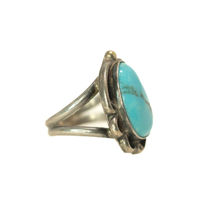 Vintage 1980s Blue Turquoise and Sterling Silver Solitaire Southwestern Ring Size 4.5