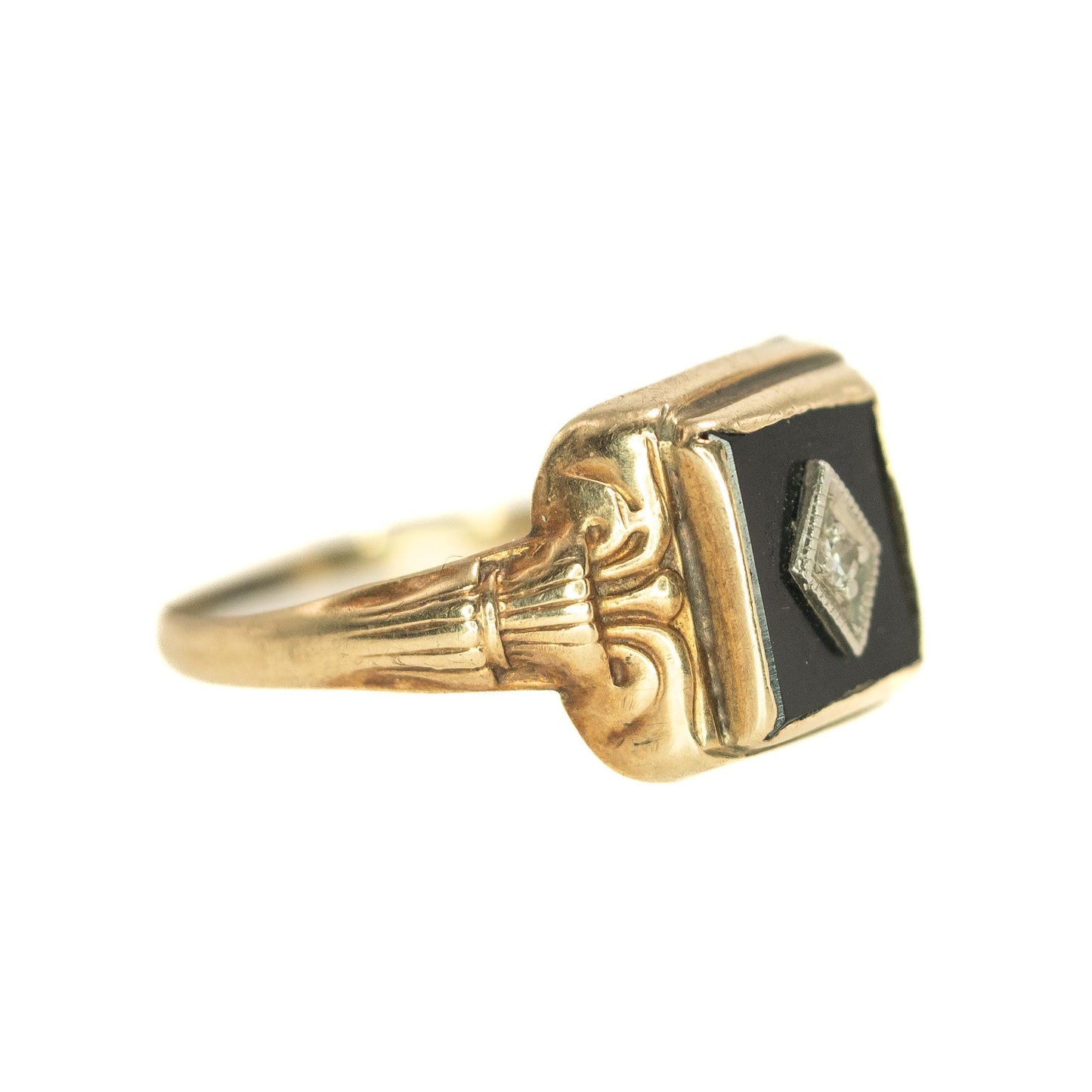 Vintage 1930s Art Deco Onyx, Diamond, and 10K Mixed Metal Gold Square Ring Size 5.75 - 30s Yellow Gold Black Onyx, Diamond Ring