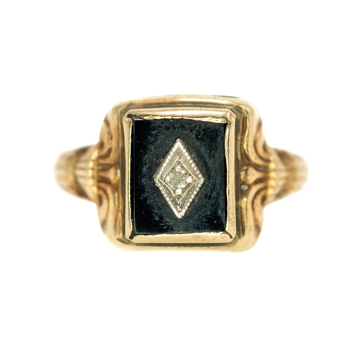 Vintage 1930s Art Deco Onyx, Diamond, and 10K Mixed Metal Gold Square Ring Size 5.75 - 30s Yellow Gold Black Onyx, Diamond Ring