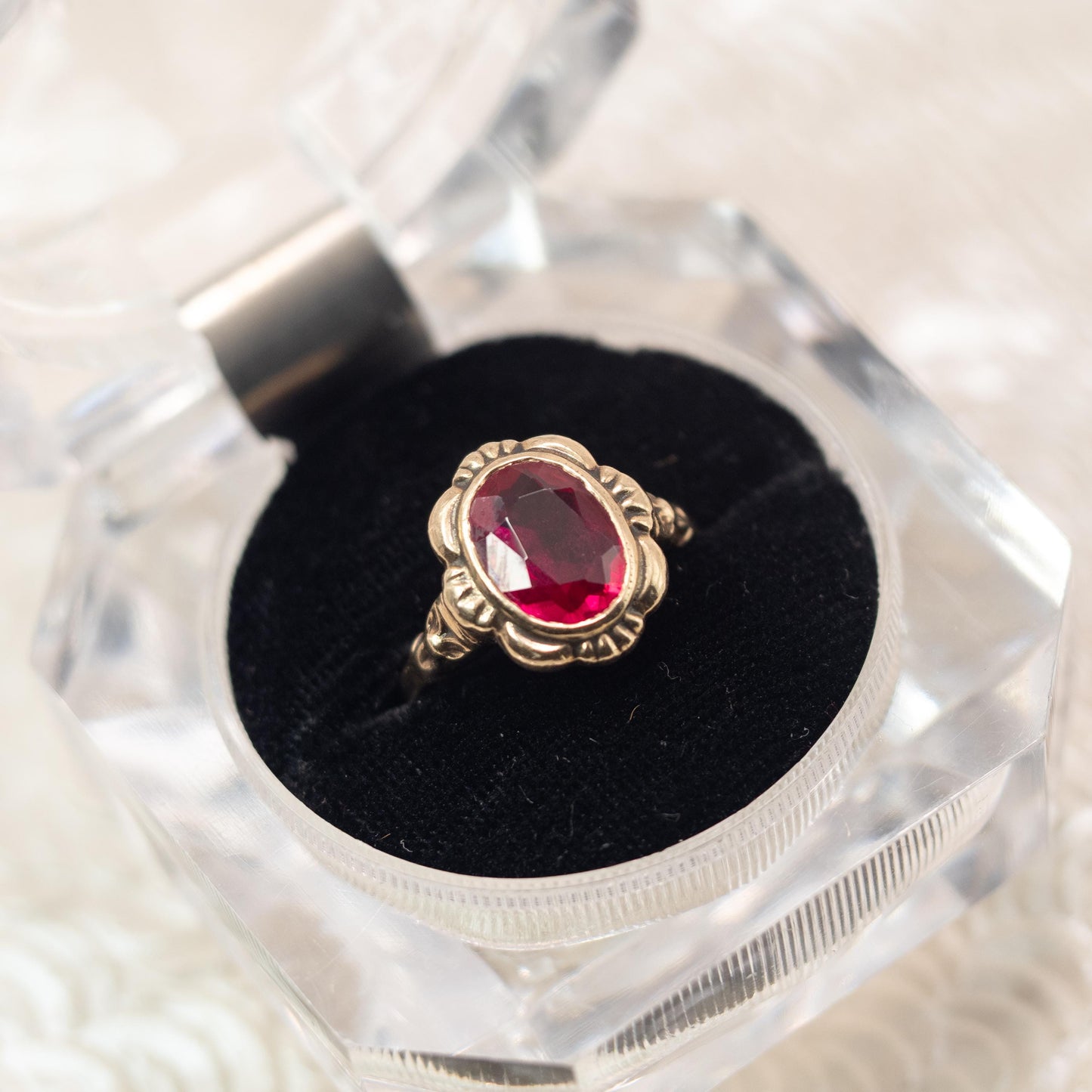 Vintage 1940s Art Deco Lab-Created Ruby and 10K Ring Size 7.5 -  Retro 40s Synthetic Ruby, Yellow Gold Solitaire Ring