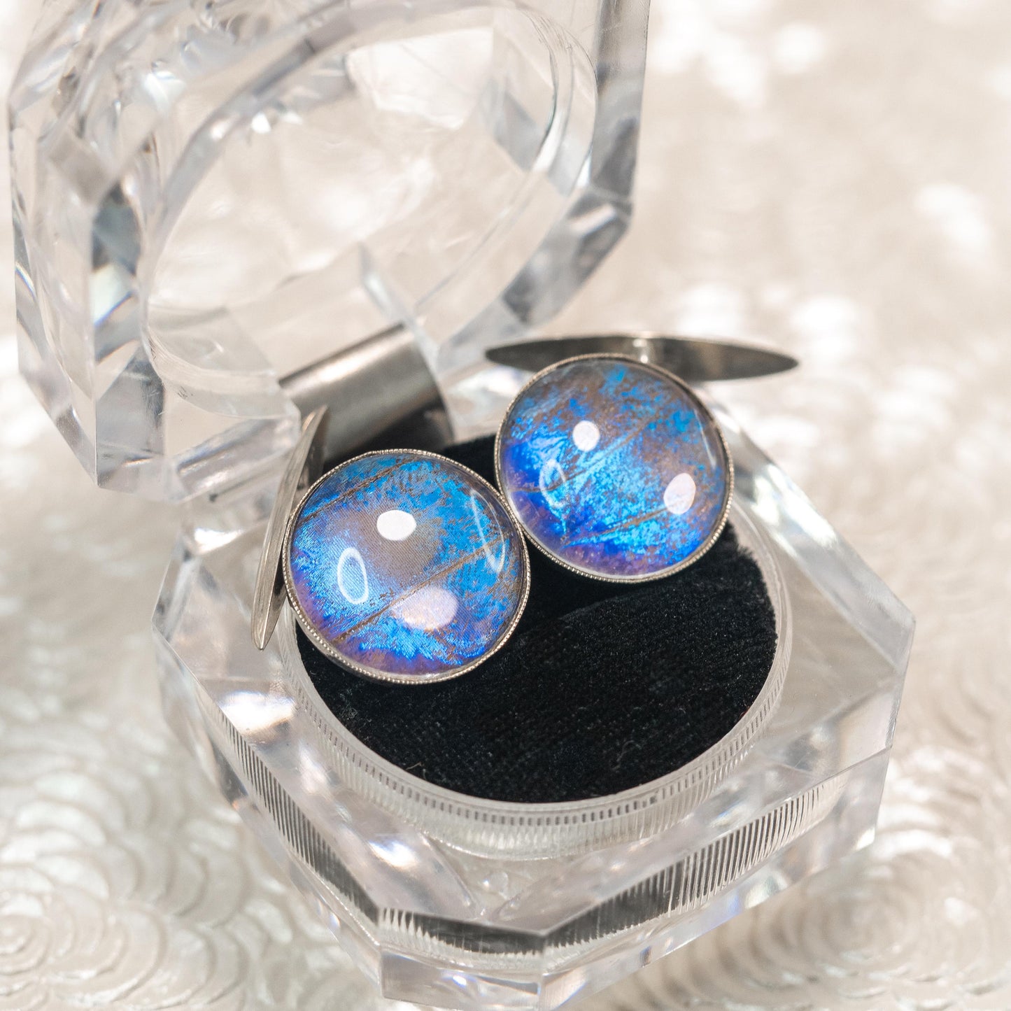 Vintage 1990s PRATA Morpho Menelaus Blue Butterfly Wing and 900 Silver Cufflinks - Blue Butterfly Wing Cuff Links - Butterfly Unisex Cuffs