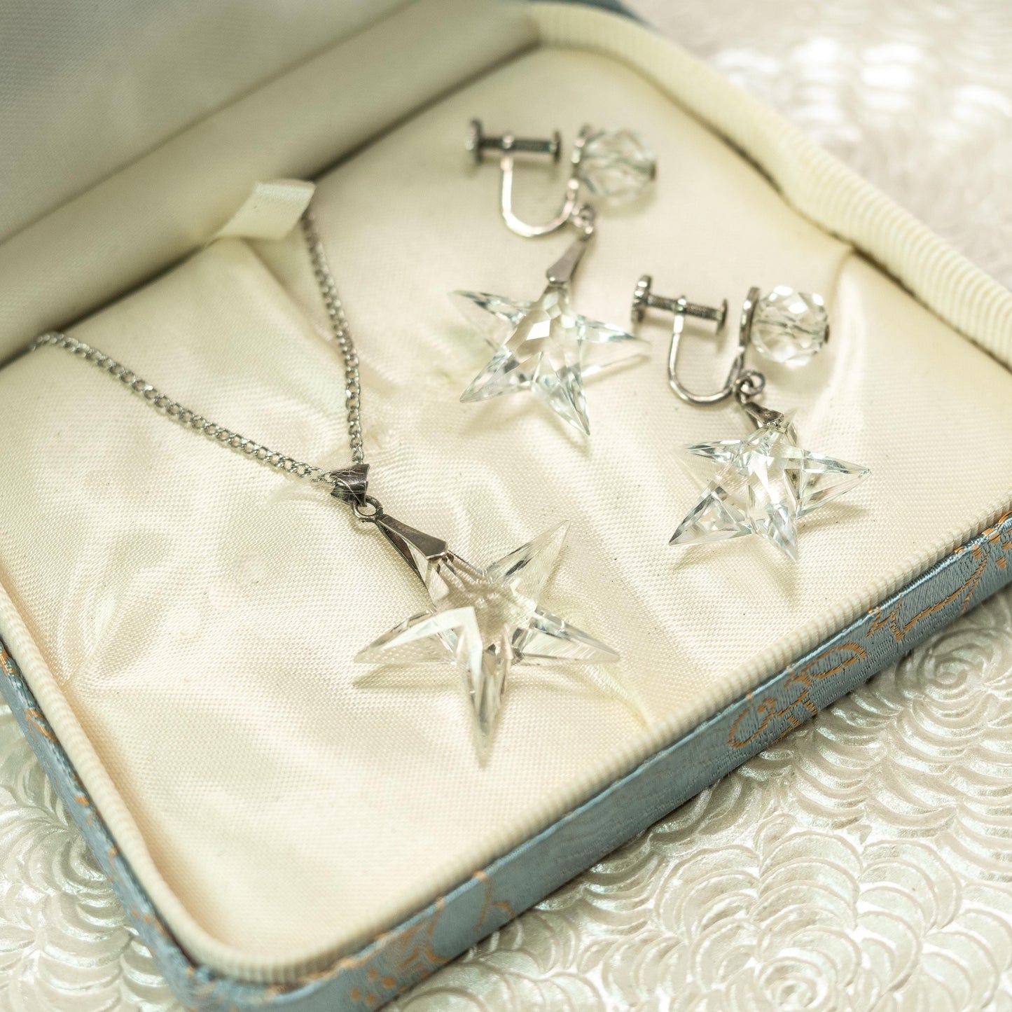 Vintage 1930s Celestial Star Clear Glass and Sterling Silver Choker Necklace and Screw Back Earring Set - 30s Star Glass Jewelry