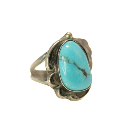 Vintage 1980s Blue Turquoise and Sterling Silver Solitaire Southwestern Ring Size 4.5