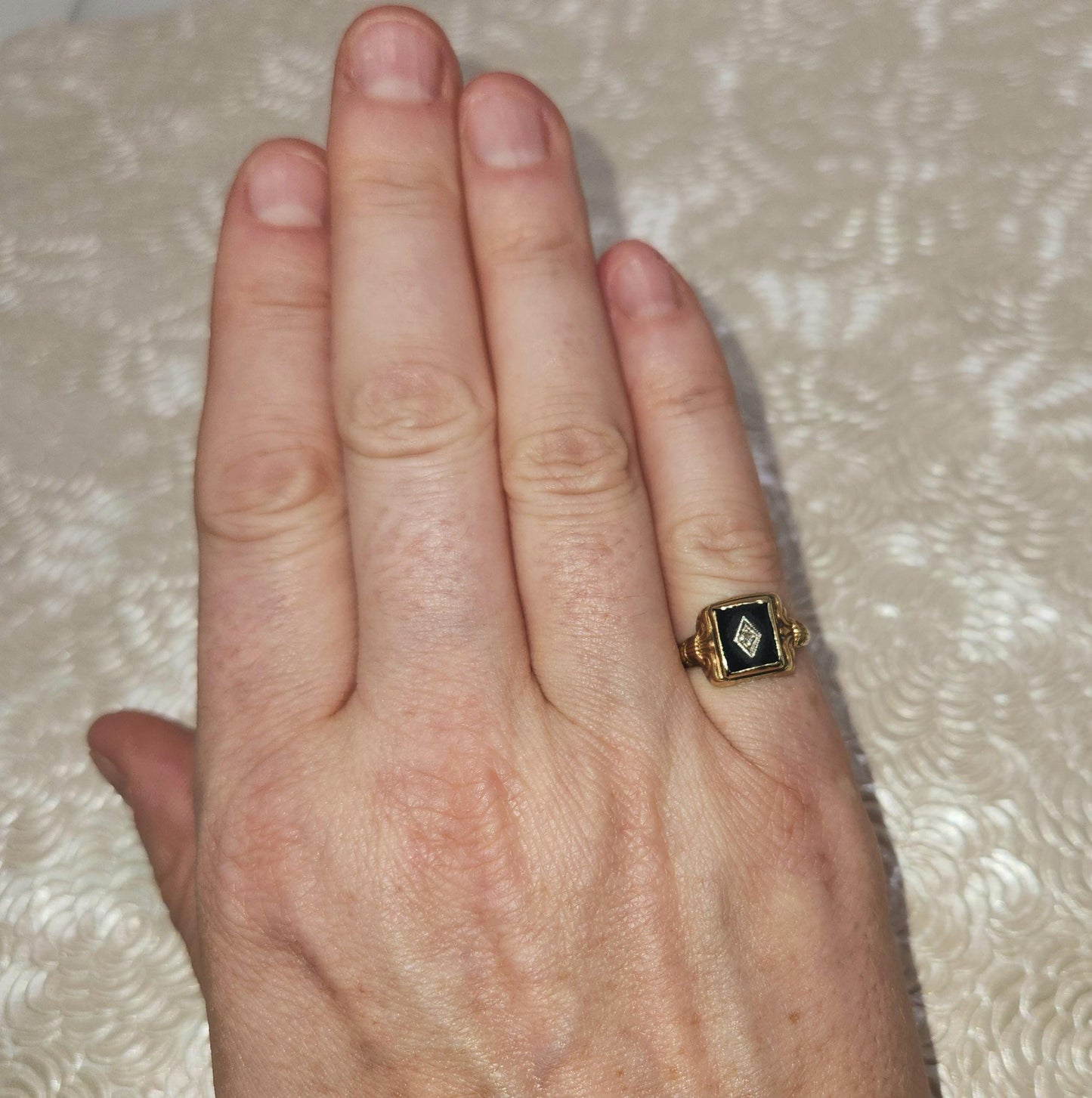 Vintage 1930s Art Deco Onyx, Diamond, and 10K Mixed Metal Gold Square Ring Size 5.75 - 30s Yellow Gold Black Onyx, Diamond Ring